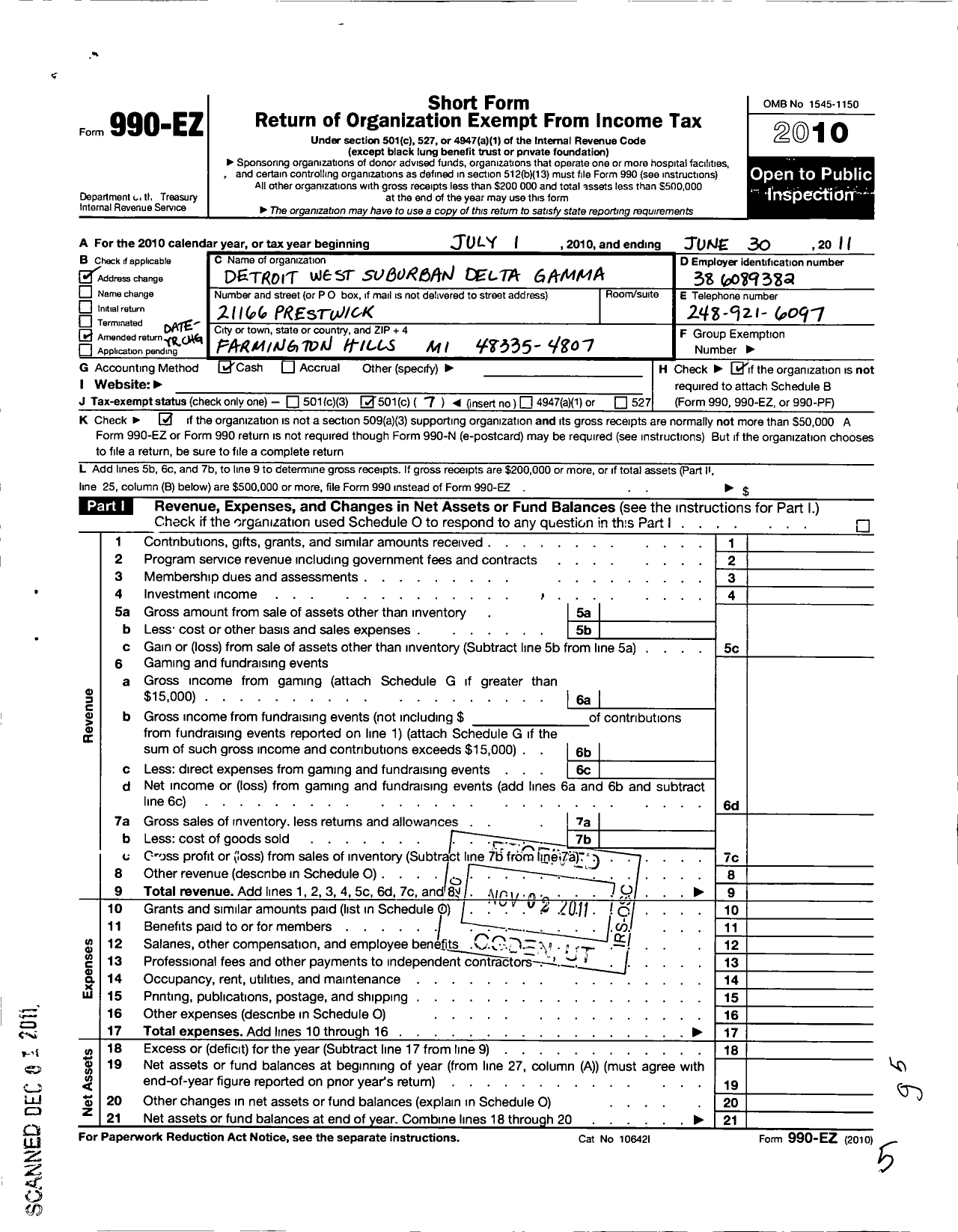 Image of first page of 2010 Form 990EO for Delta Gamma Fraternity / Detroit West Suburban Alumnae Chap