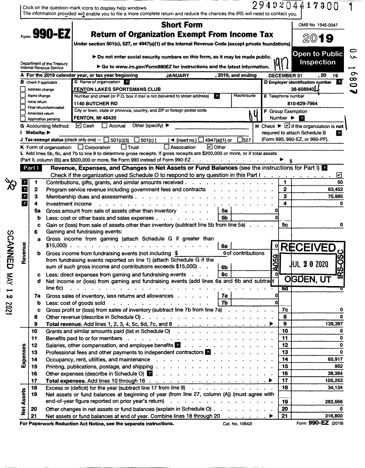 Image of first page of 2019 Form 990EO for Fenton Lakes Sportsmans Club