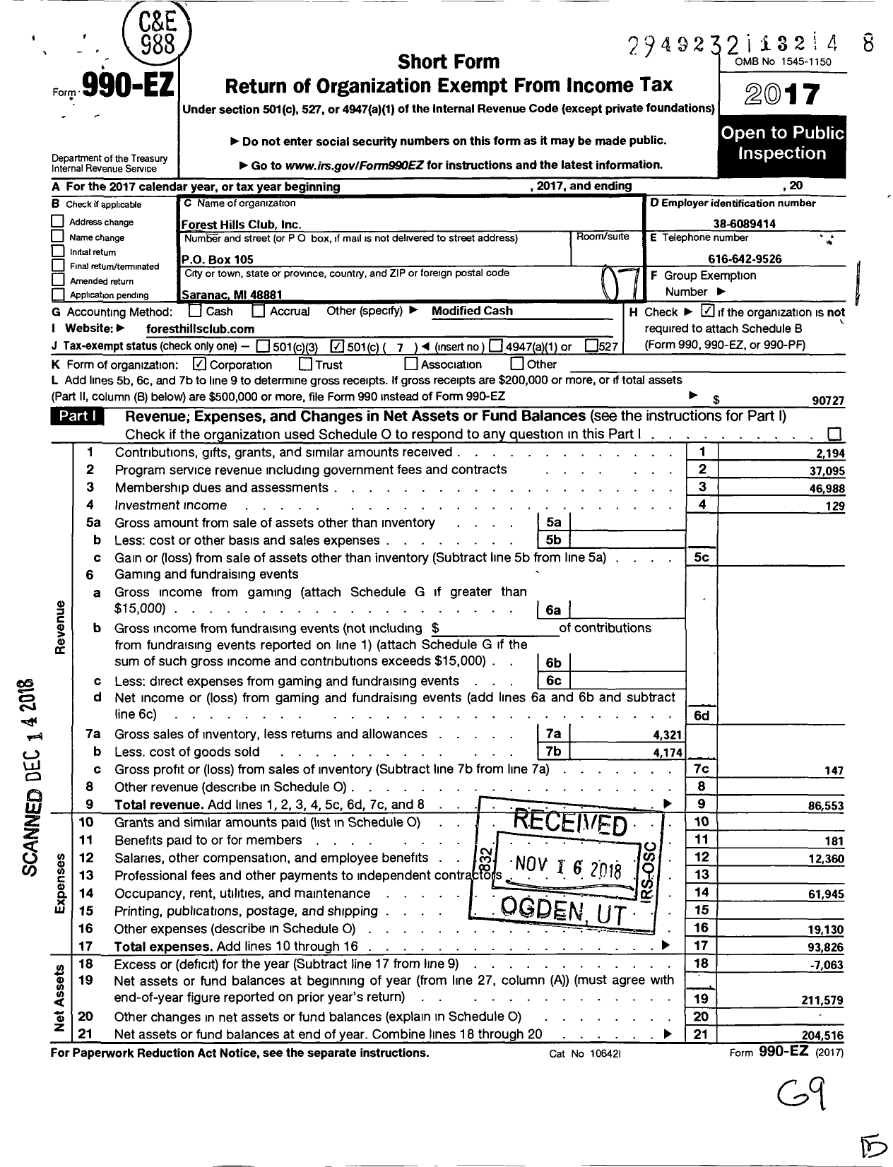 Image of first page of 2017 Form 990EO for Forest Hills Club