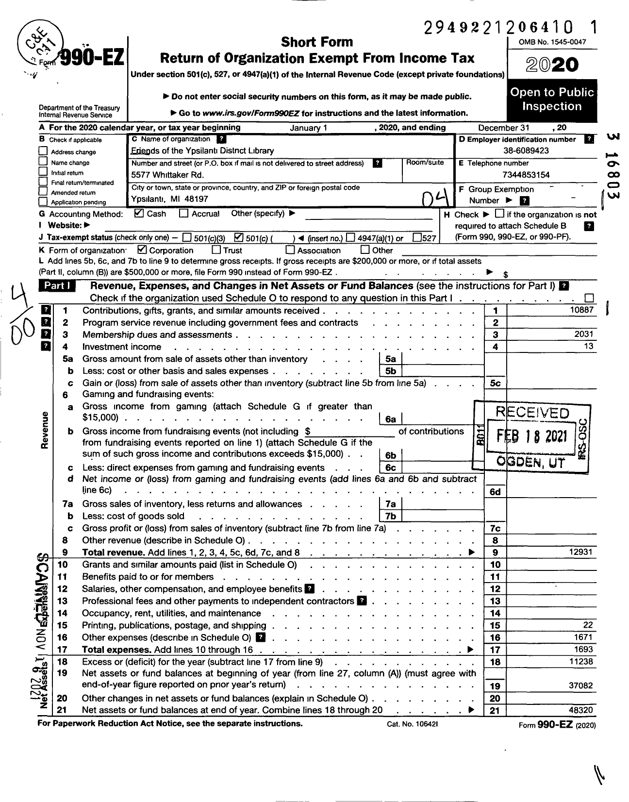 Image of first page of 2020 Form 990EO for Friends of the Ypsilanti District Library