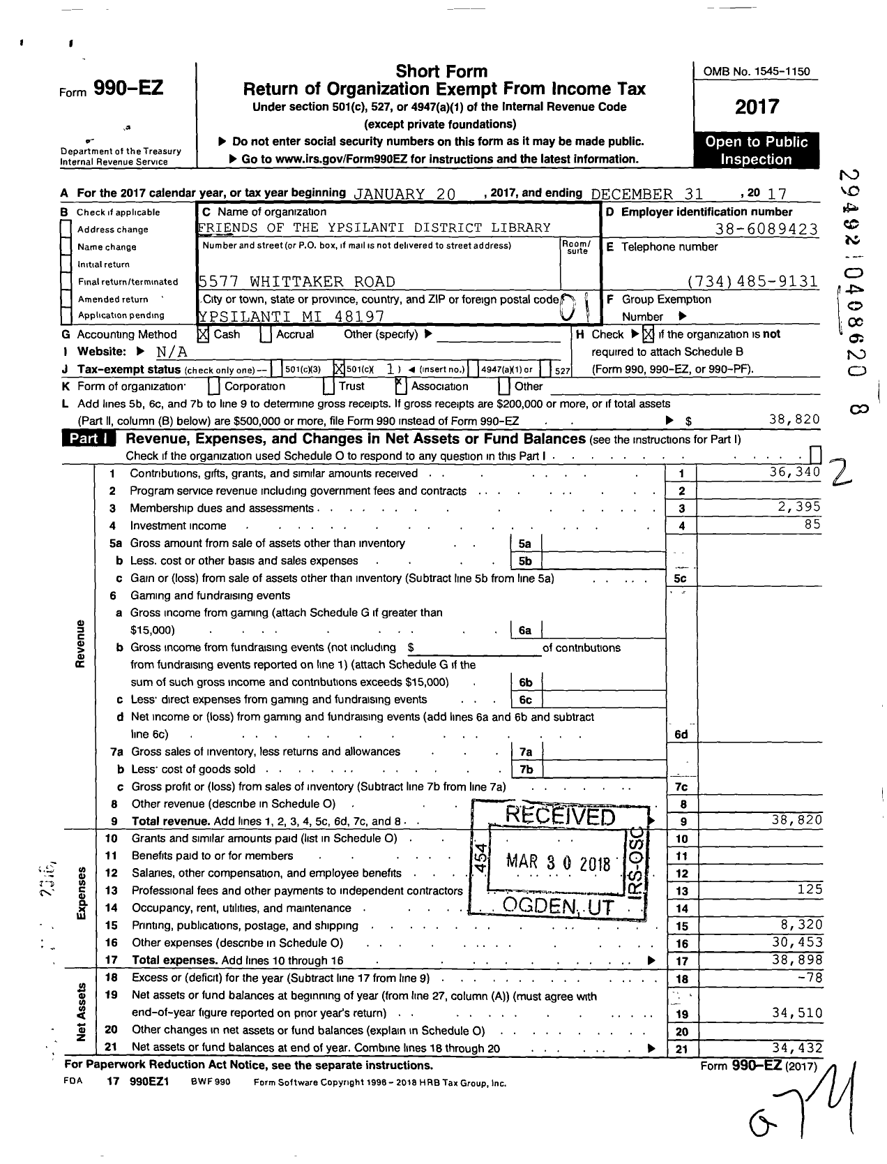 Image of first page of 2017 Form 990EO for Friends of the Ypsilanti District Library