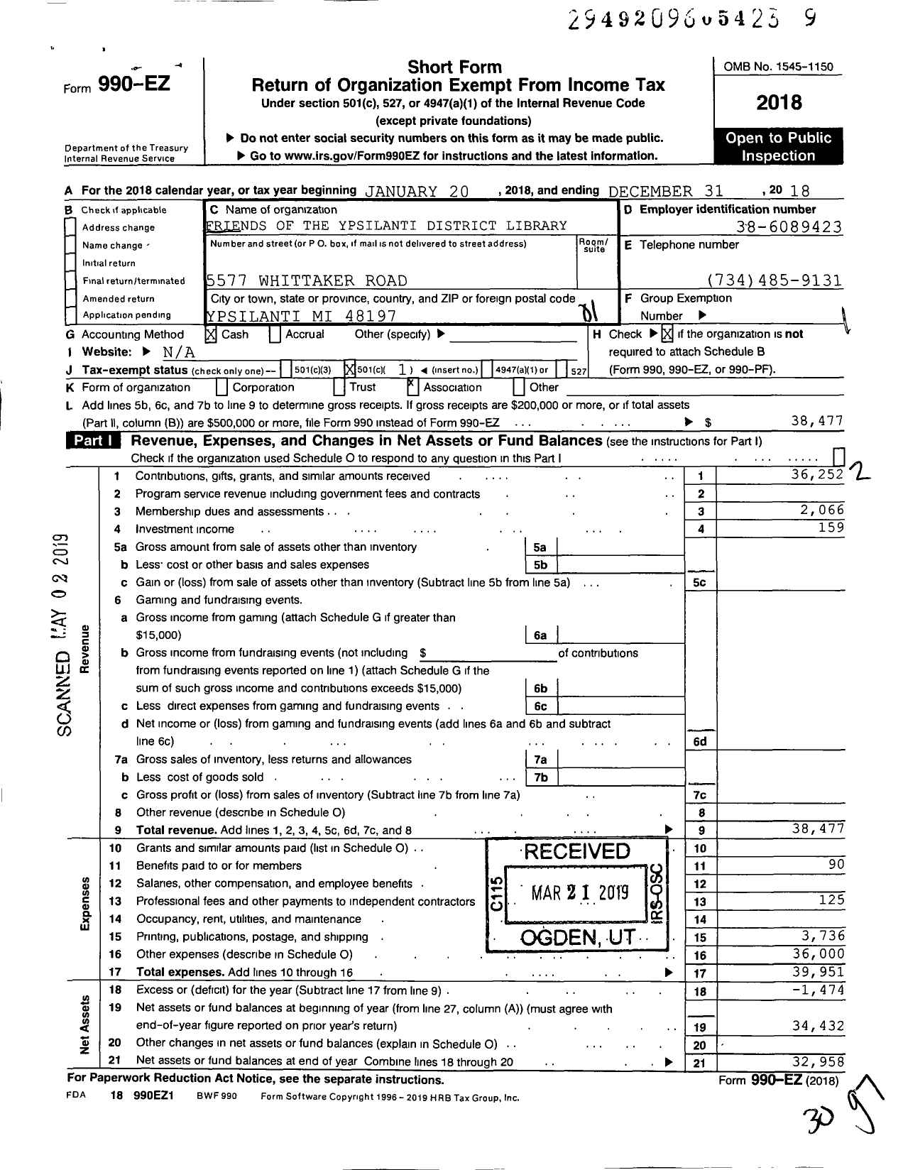 Image of first page of 2018 Form 990EO for Friends of the Ypsilanti District Library