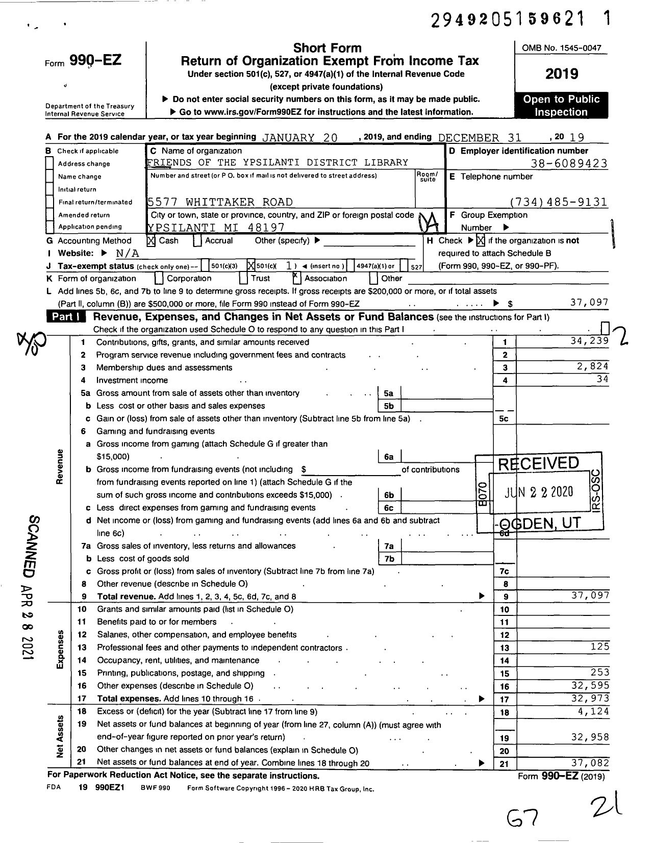 Image of first page of 2019 Form 990EO for Friends of the Ypsilanti District Library