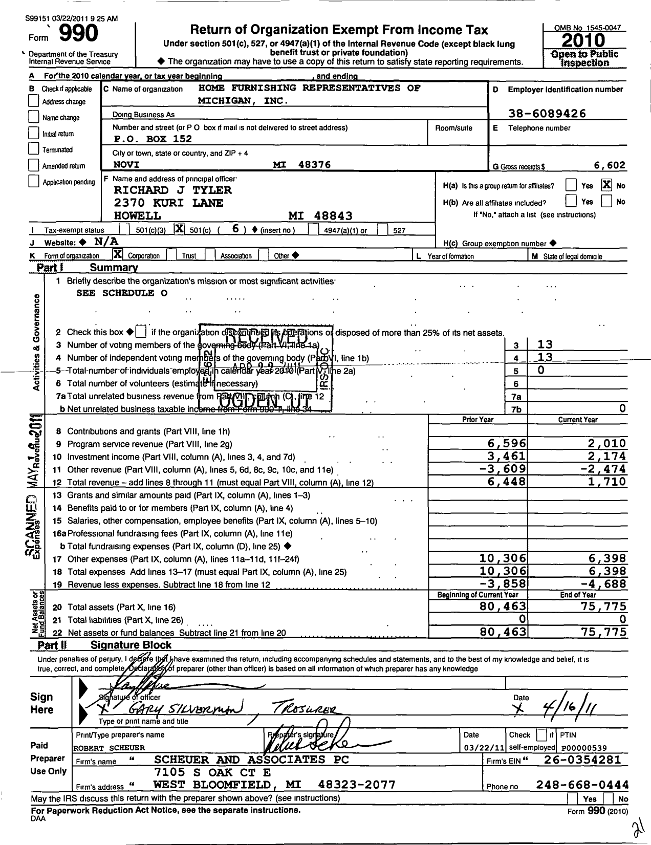 Image of first page of 2010 Form 990O for Home Furnishing Representatives of Michigan