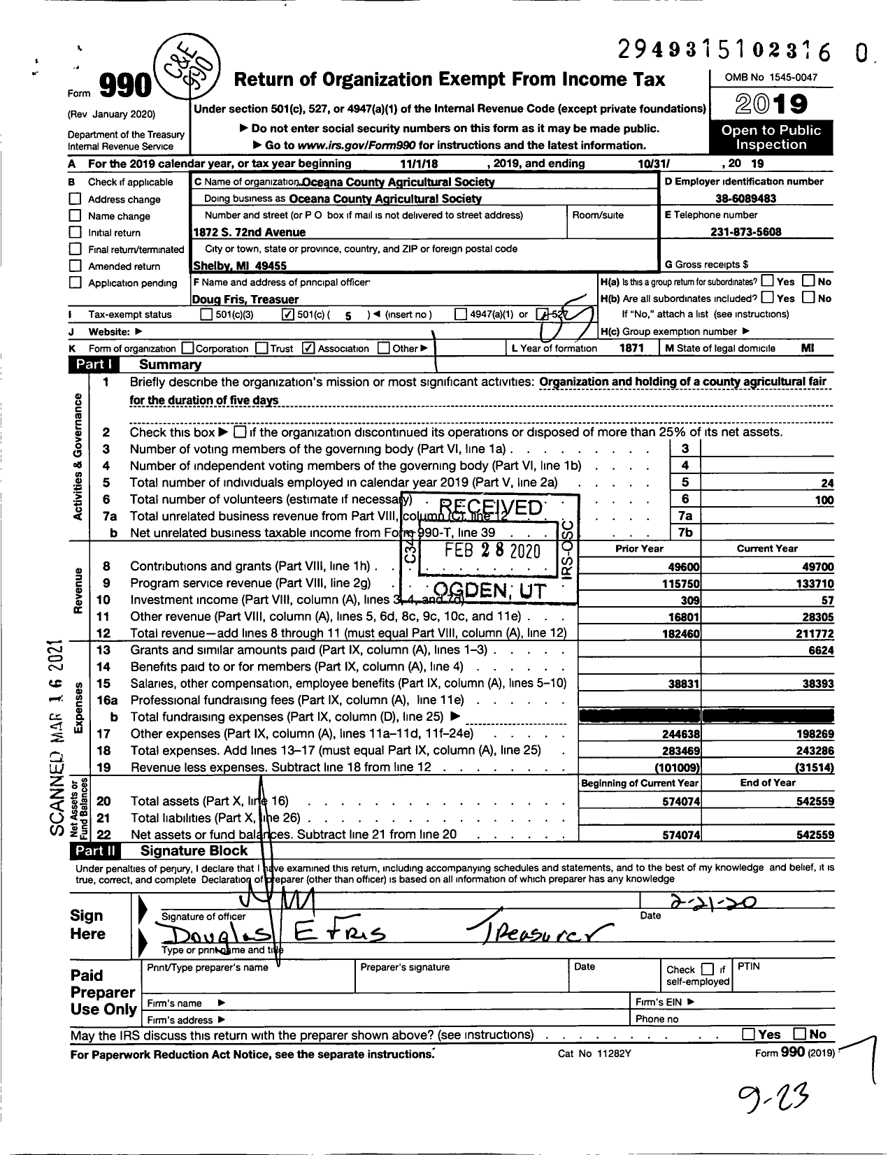 Image of first page of 2018 Form 990O for Oceana County Agricultural Society