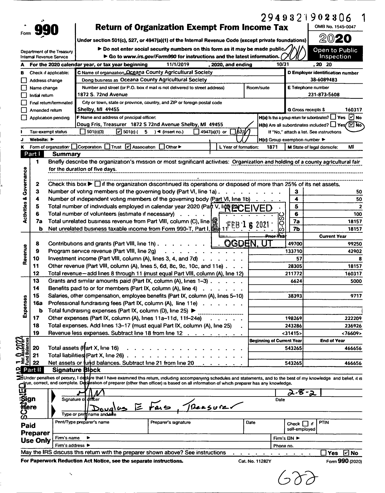 Image of first page of 2019 Form 990O for Oceana County Agricultural Society