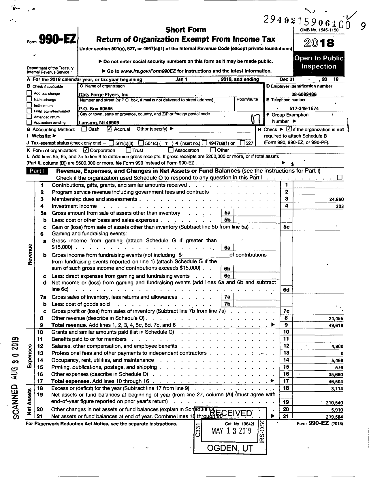 Image of first page of 2018 Form 990EO for Olds Forge Flyers