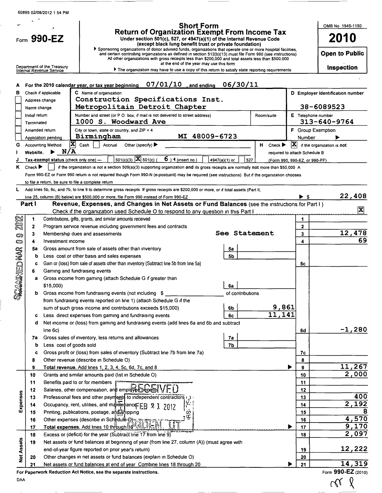 Image of first page of 2010 Form 990EO for Construction Specifications Institute Detroit Chapter