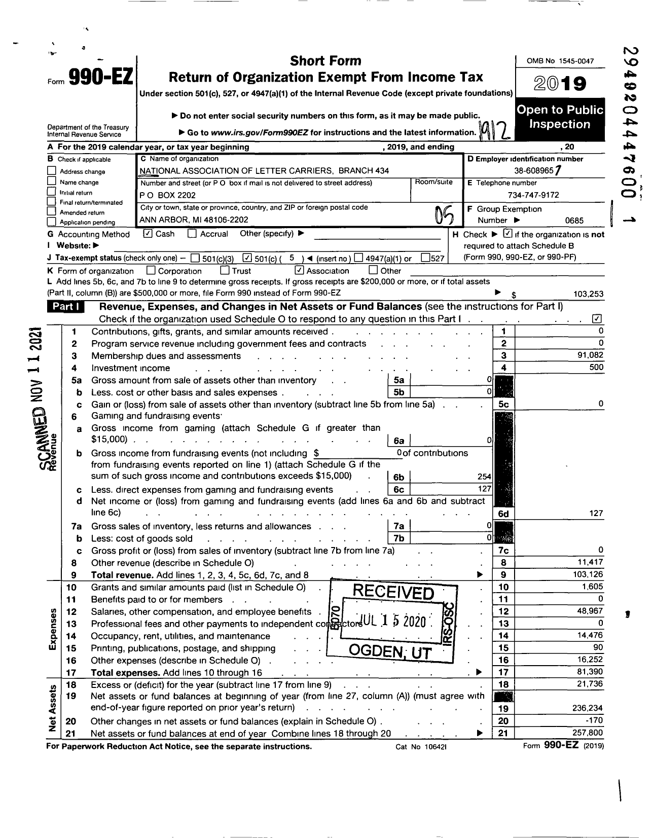 Image of first page of 2019 Form 990EO for National Association of Letter Carriers - 0434 Ann Arbor Michigan