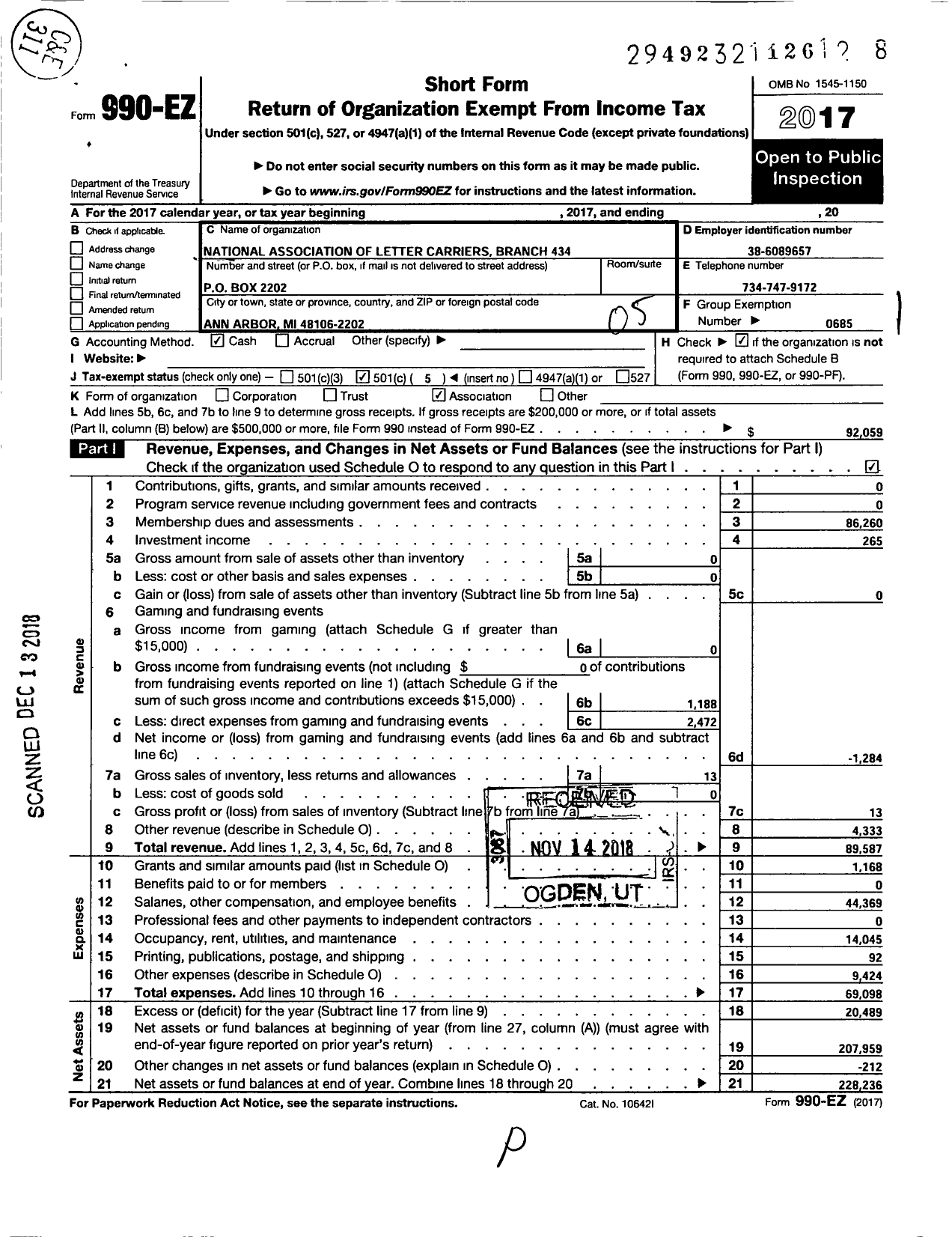 Image of first page of 2017 Form 990EO for National Association of Letter Carriers - 0434 Ann Arbor Michigan