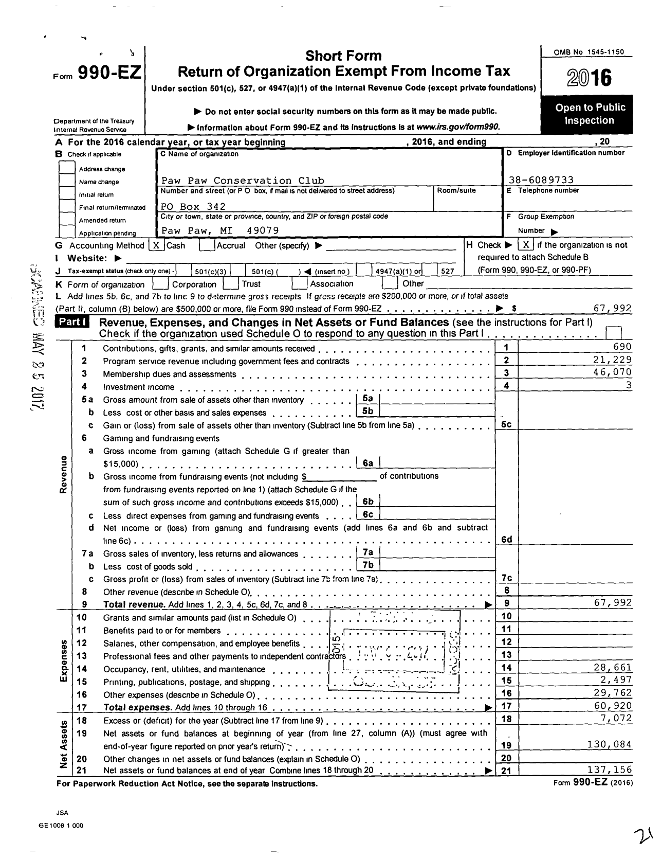 Image of first page of 2016 Form 990EO for Paw Paw Conservation Club