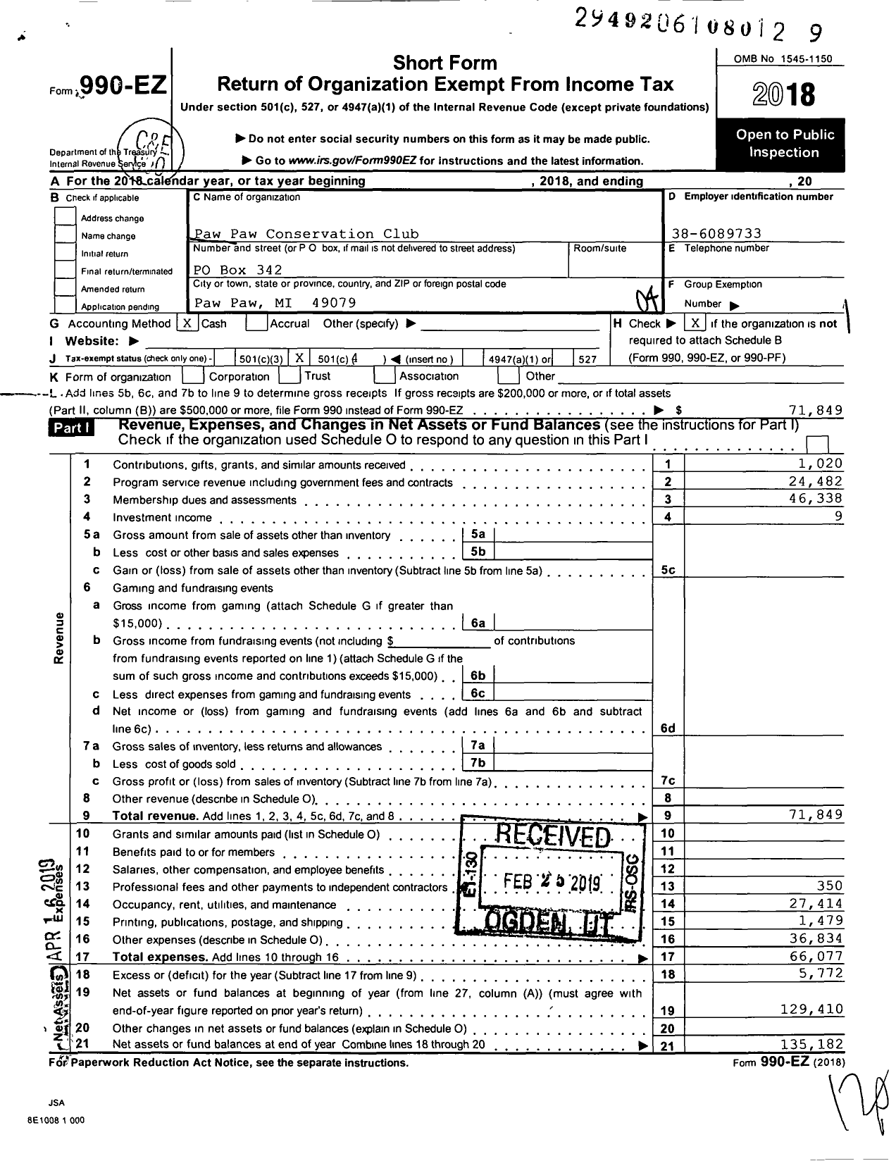 Image of first page of 2018 Form 990EO for Paw Paw Conservation Club