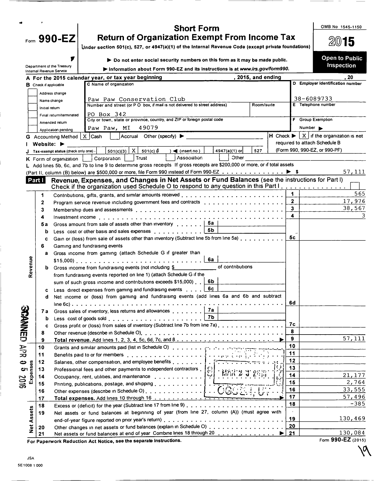 Image of first page of 2015 Form 990EO for Paw Paw Conservation Club