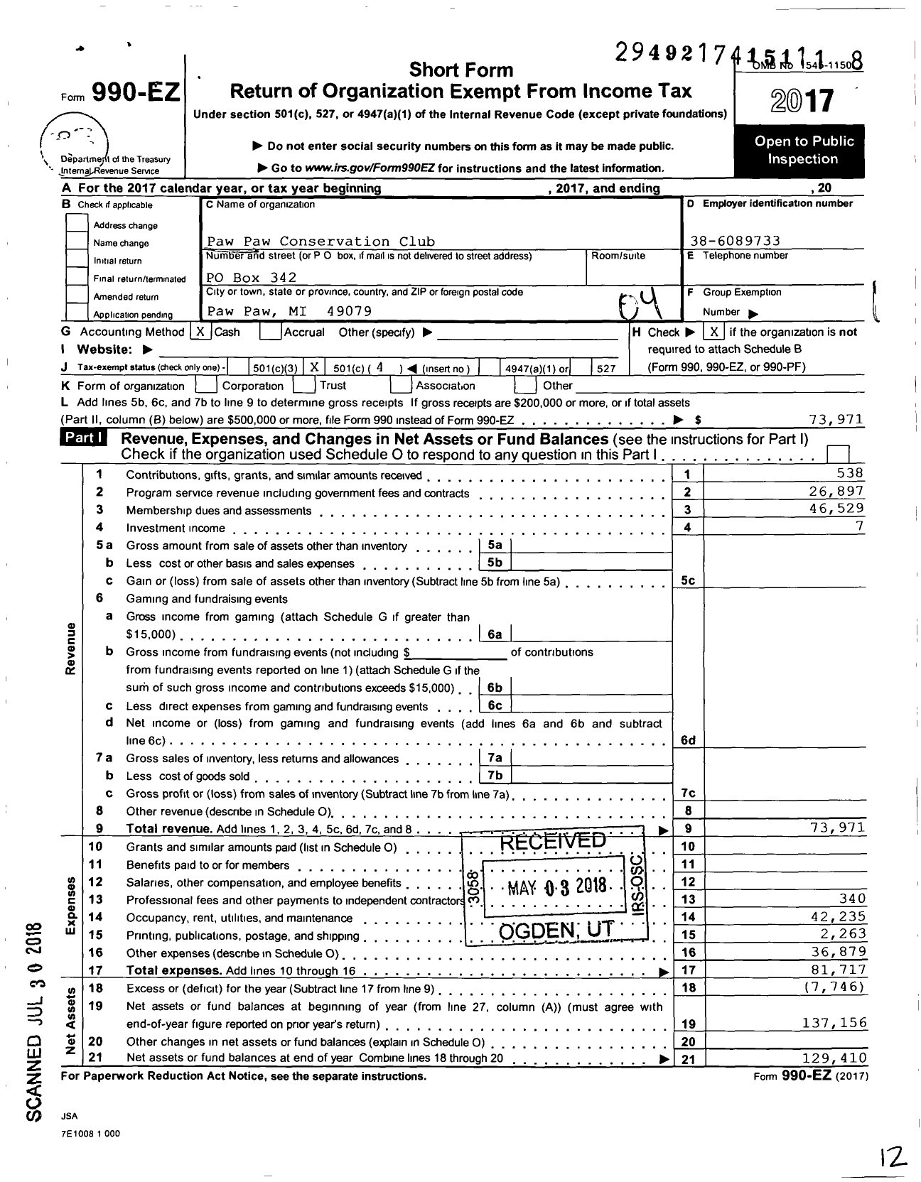 Image of first page of 2017 Form 990EO for Paw Paw Conservation Club