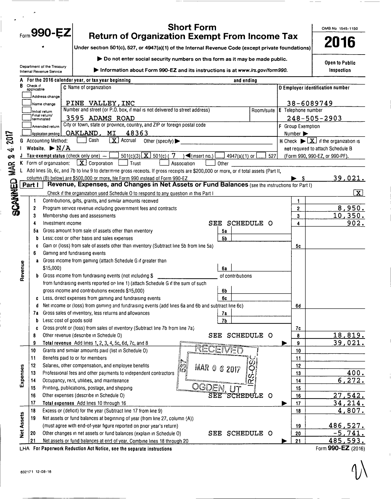 Image of first page of 2016 Form 990EO for Pine Valley