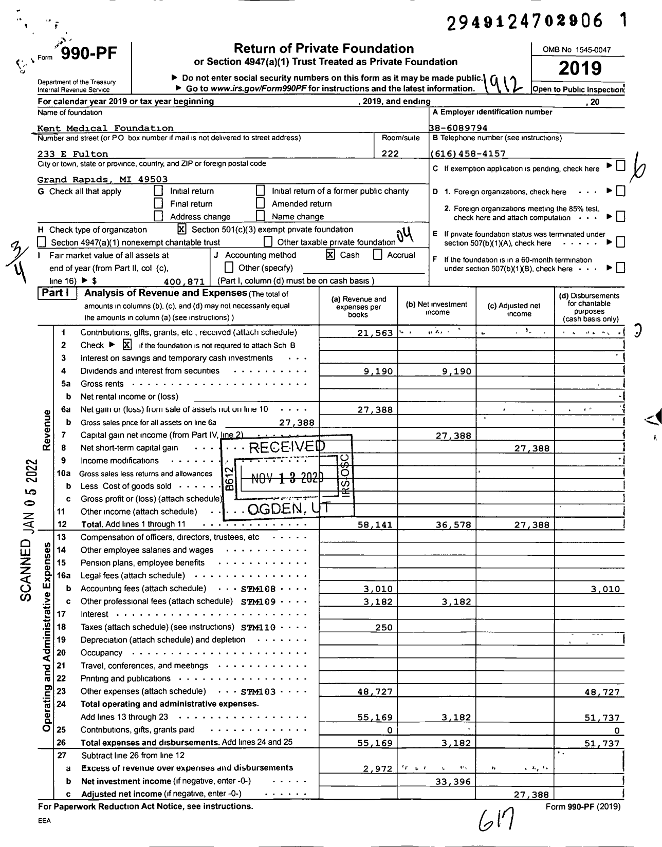 Image of first page of 2019 Form 990PF for Kent Medical Foundation