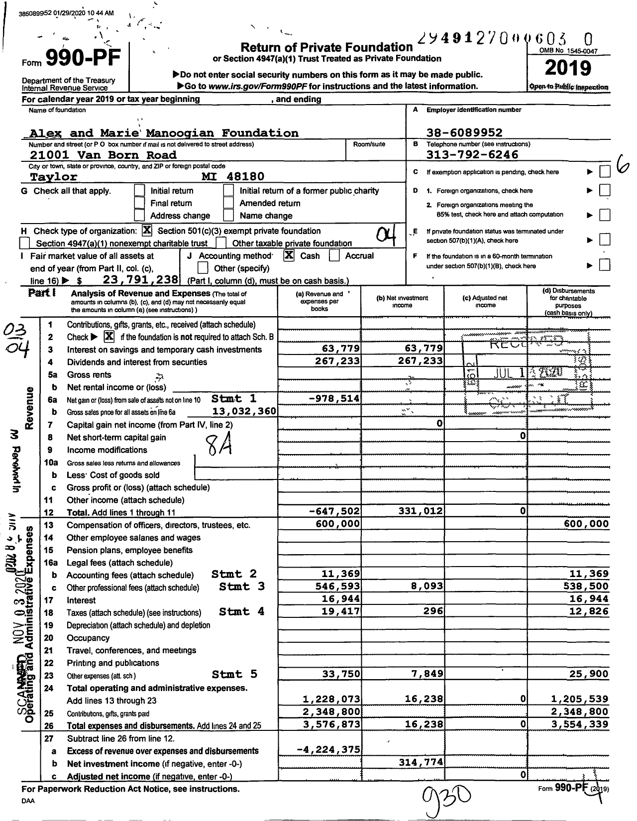 Image of first page of 2019 Form 990PF for Alex and Marie Manoogian Foundation