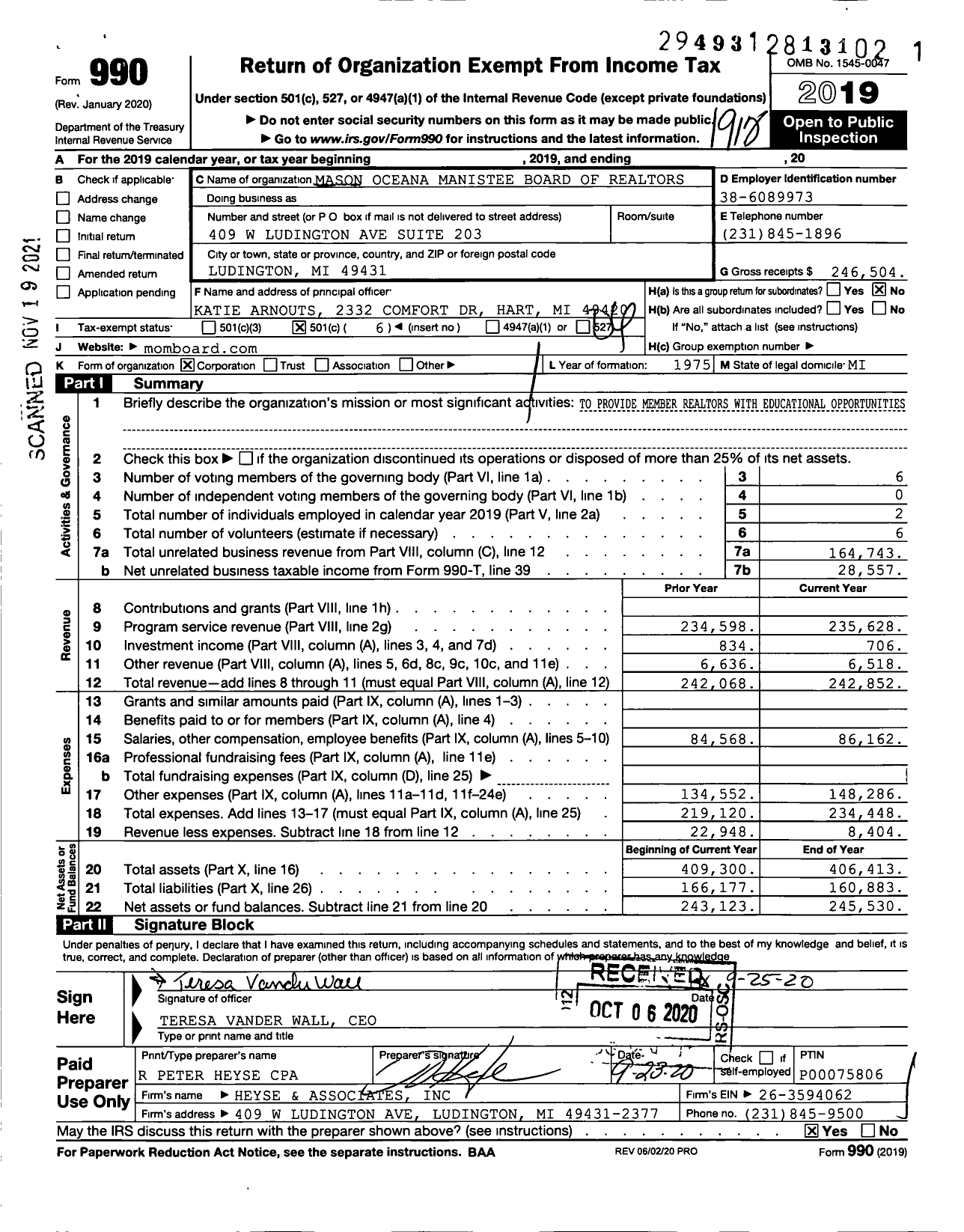 Image of first page of 2019 Form 990O for Mason Oceana Manistee Board of Realtors