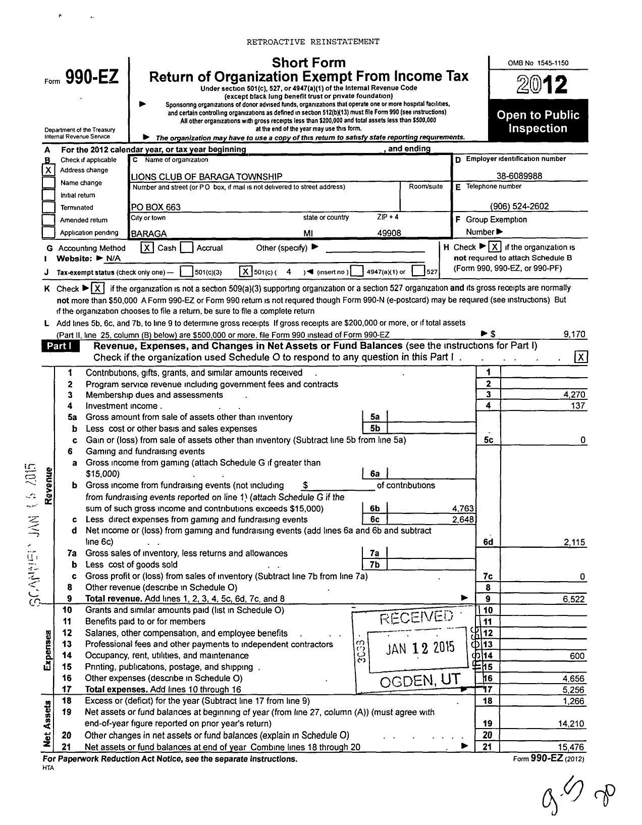 Image of first page of 2012 Form 990EO for International Association of Lions Clubs / 4356 Baraga Township L C