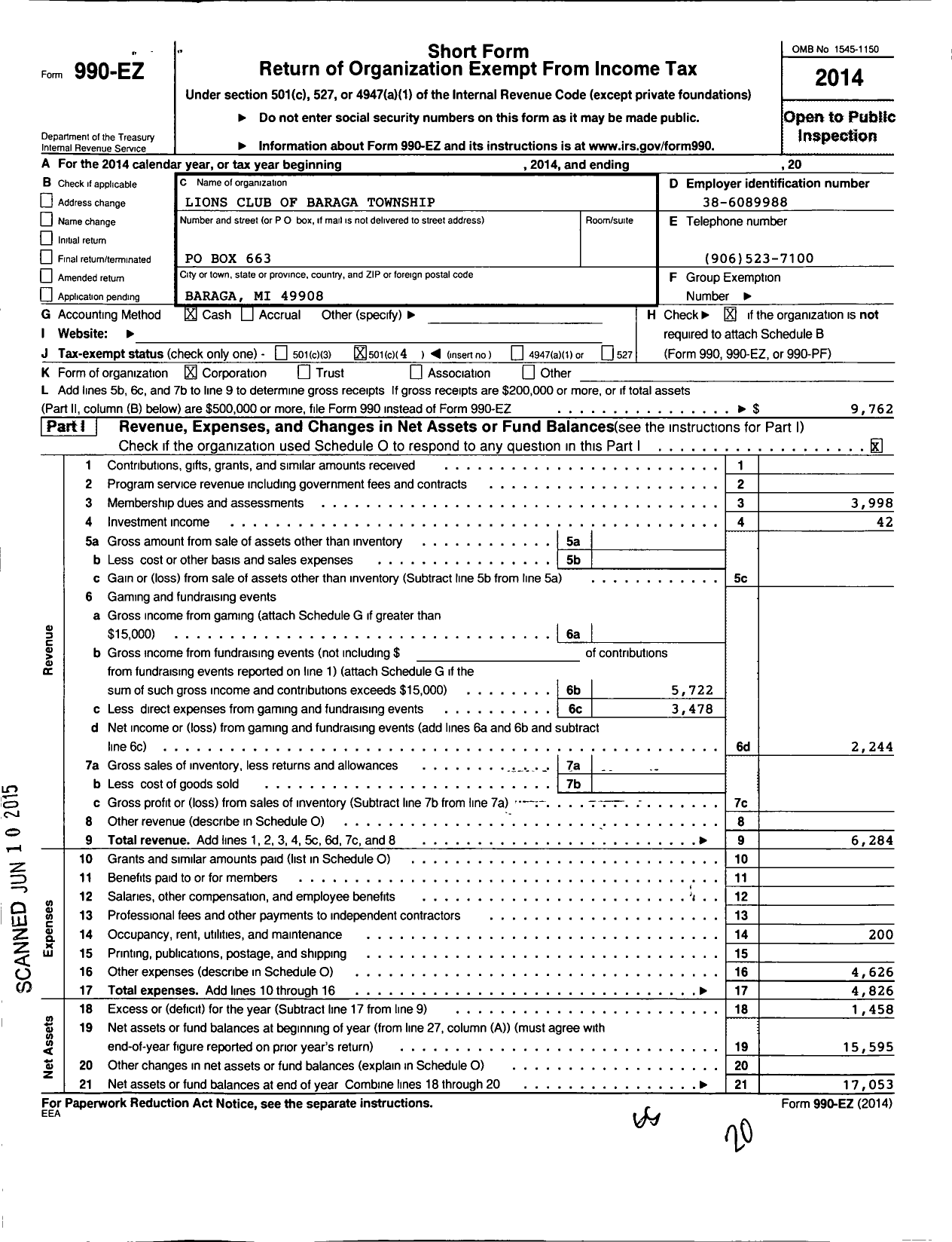 Image of first page of 2014 Form 990EO for International Association of Lions Clubs / 4356 Baraga Township L C