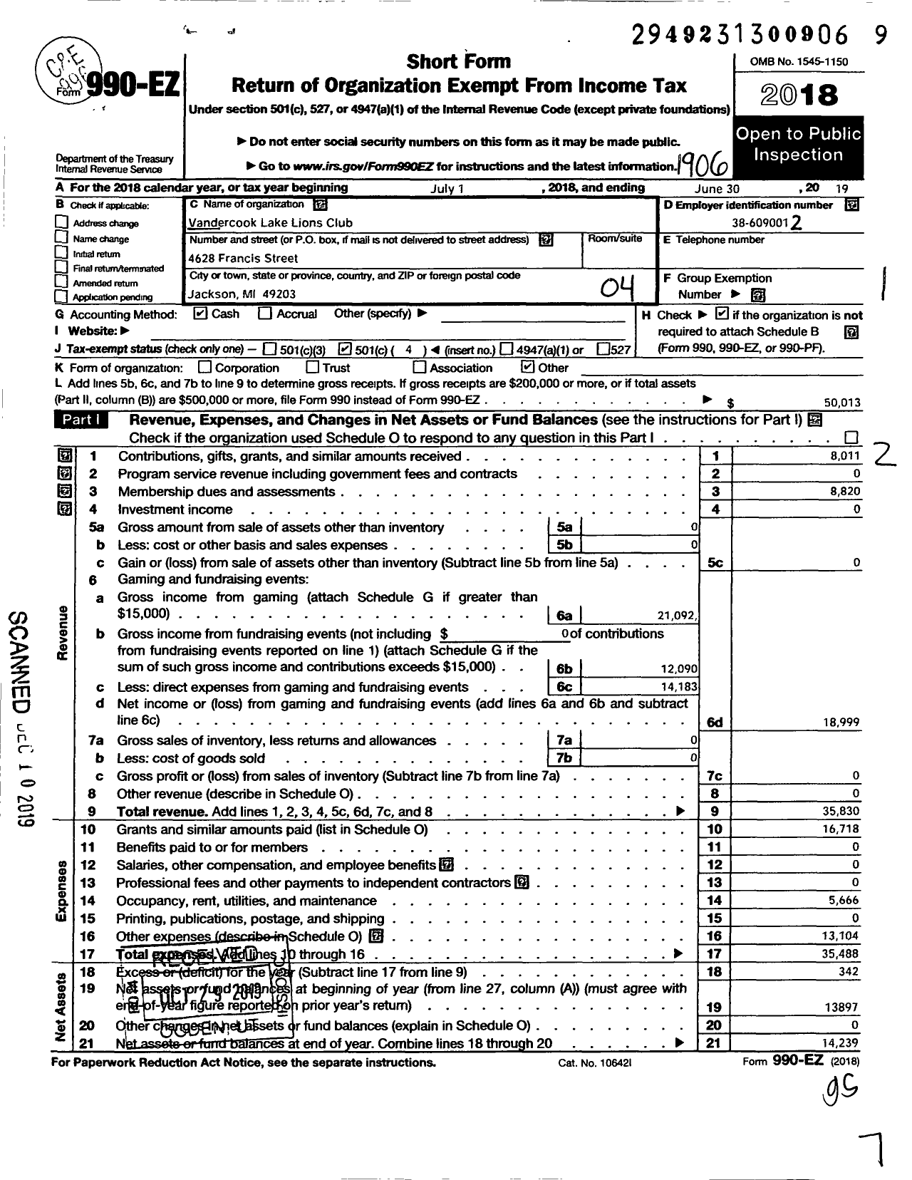 Image of first page of 2018 Form 990EO for Lions Clubs - 4588 Stockbridge