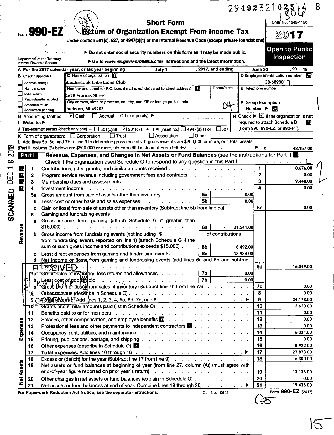 Image of first page of 2017 Form 990EO for Lions Clubs - 4592 Vandercook Lake