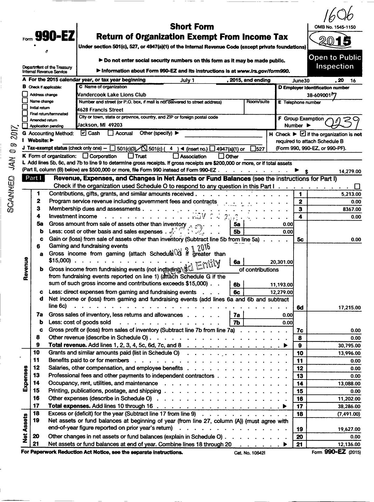 Image of first page of 2015 Form 990EO for Lions Clubs - 4592 Vandercook Lake