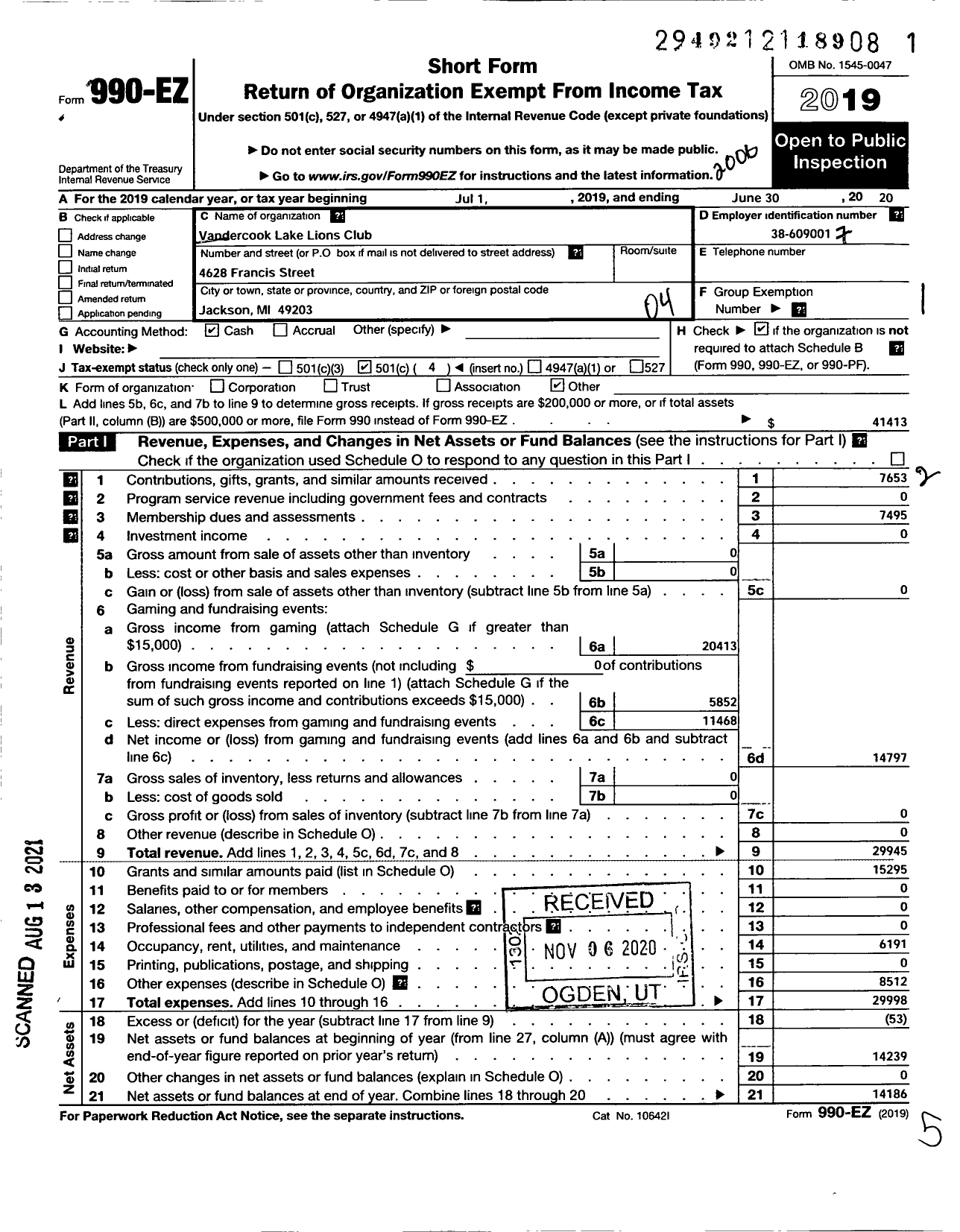 Image of first page of 2019 Form 990EO for Lions Clubs - 4592 Vandercook Lake