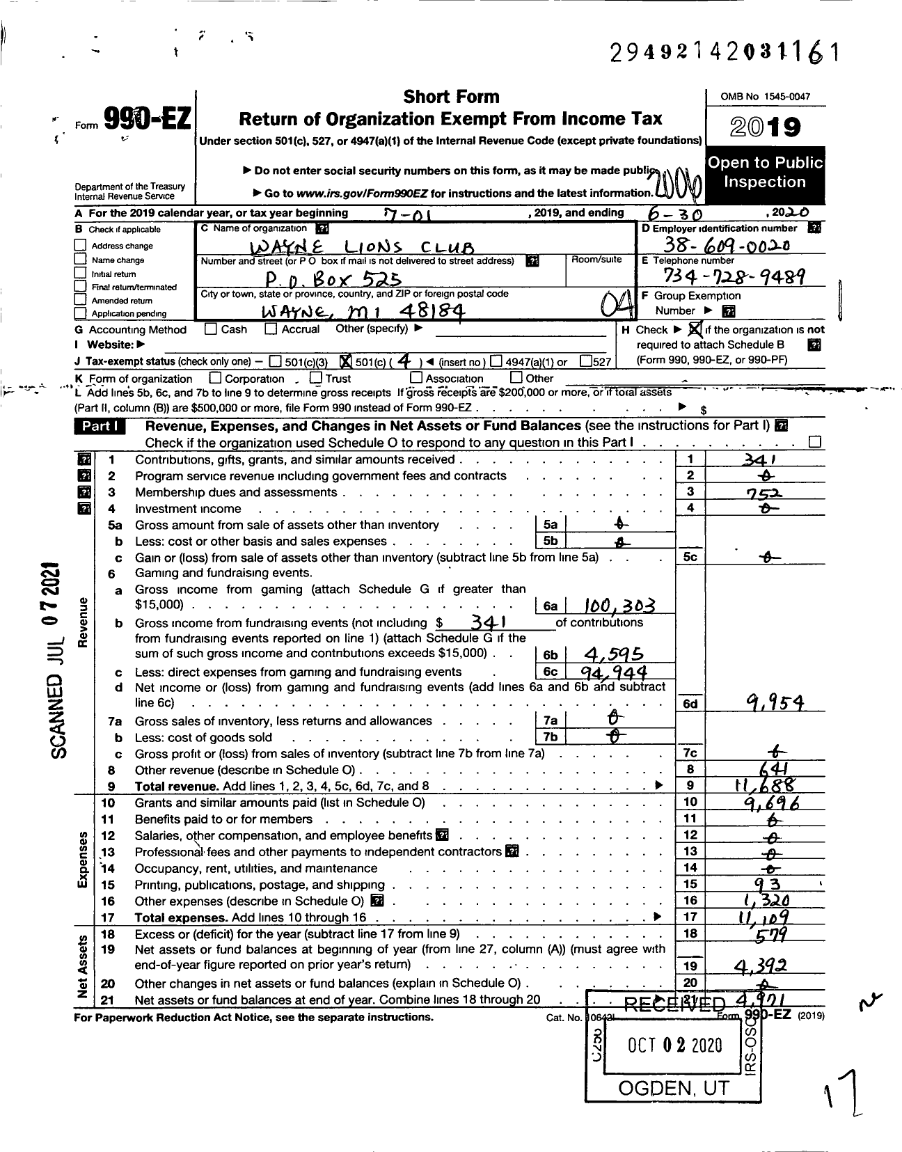 Image of first page of 2019 Form 990EO for Lions Clubs - 4468 Wayne