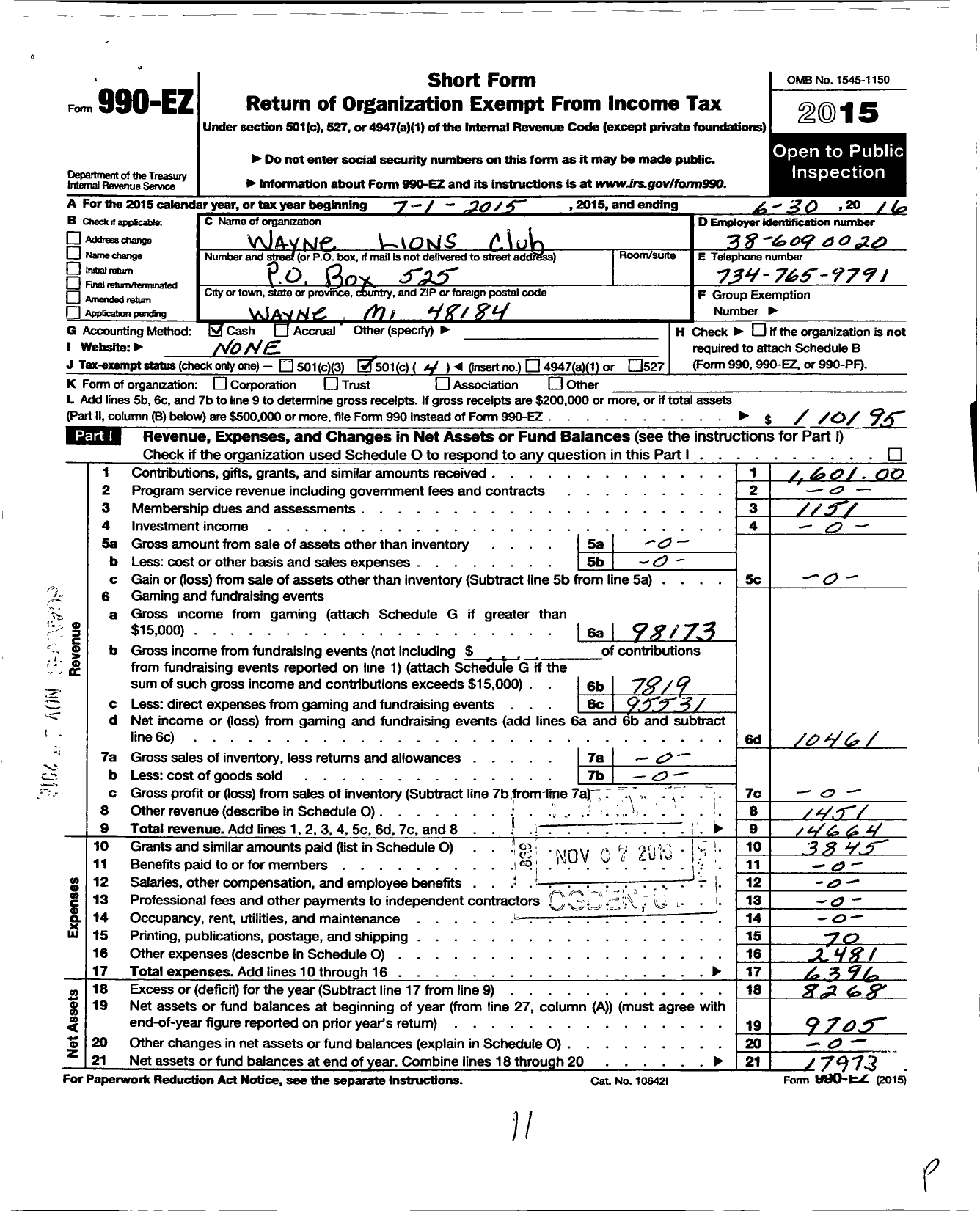 Image of first page of 2015 Form 990EO for Lions Clubs - 4468 Wayne
