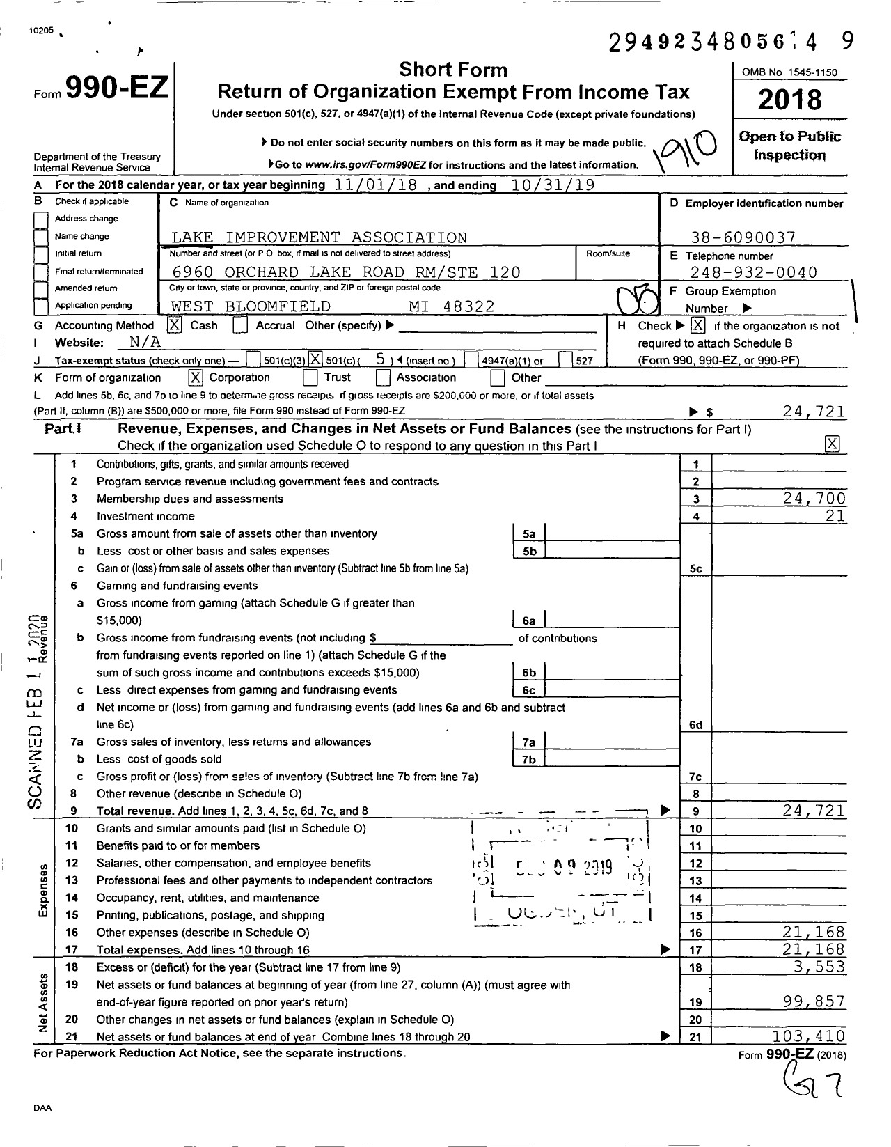 Image of first page of 2018 Form 990EO for Lake Improvement Association