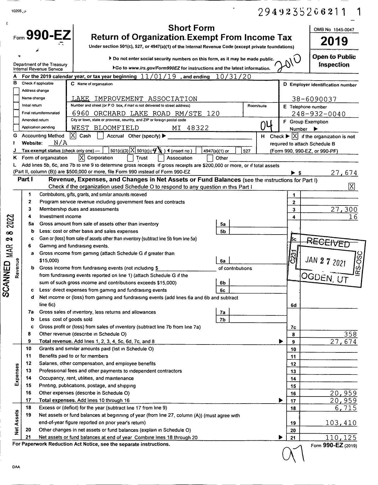 Image of first page of 2019 Form 990EO for Lake Improvement Association