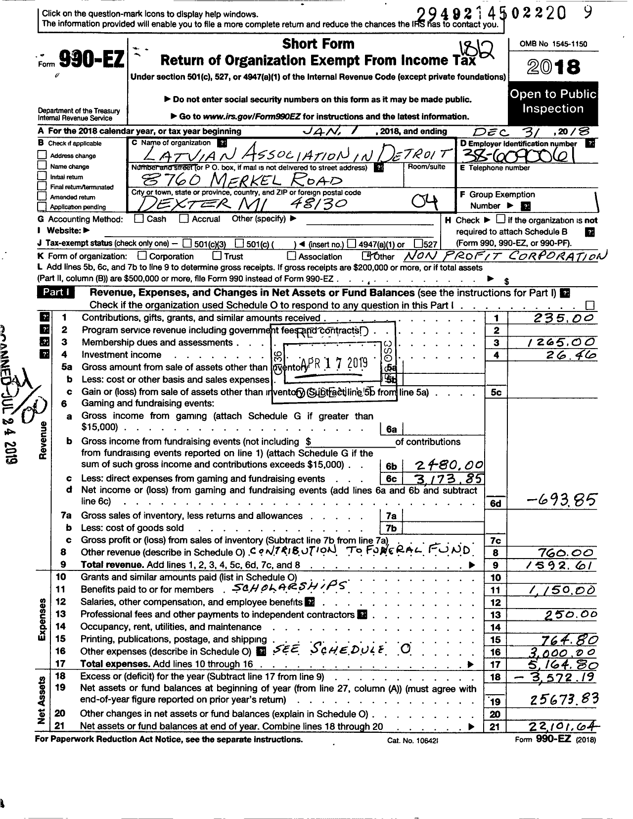 Image of first page of 2018 Form 990EO for Latvian Association in Detroit