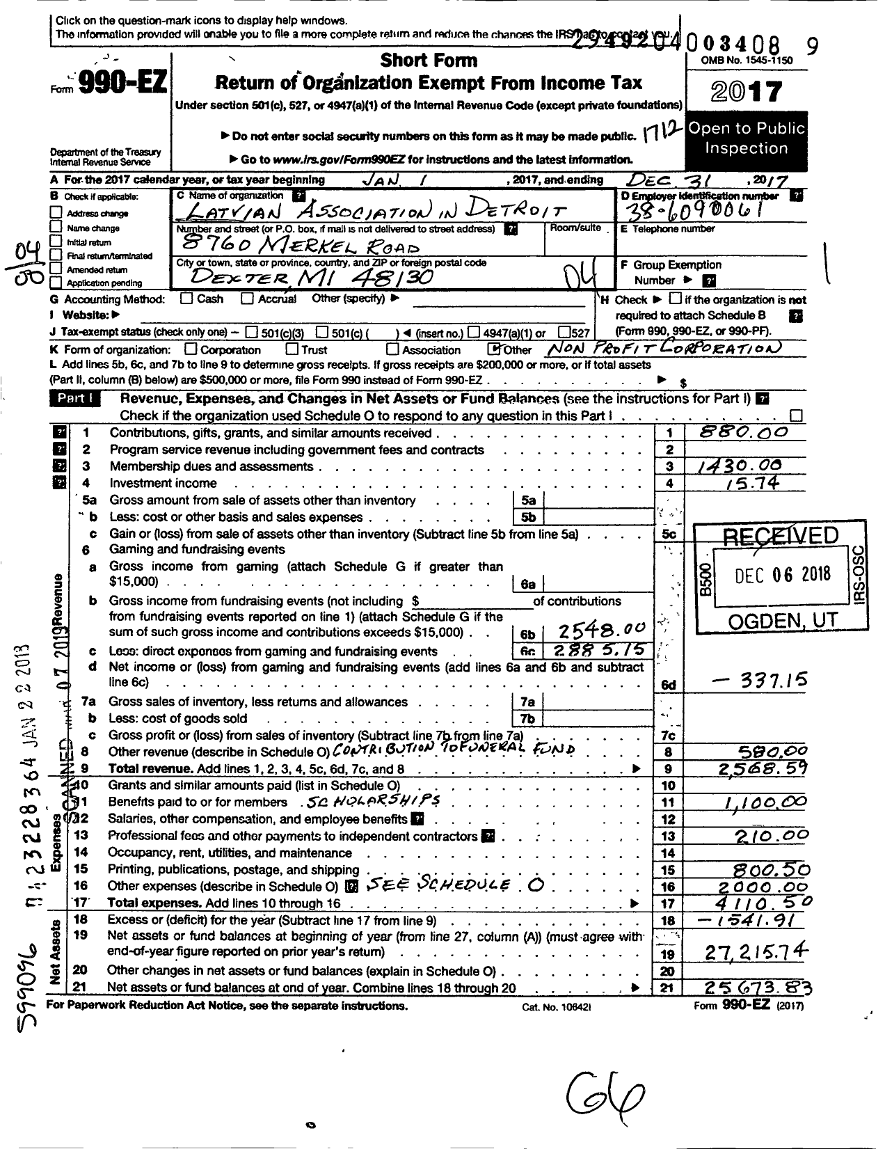 Image of first page of 2017 Form 990EO for Latvian Association in Detroit