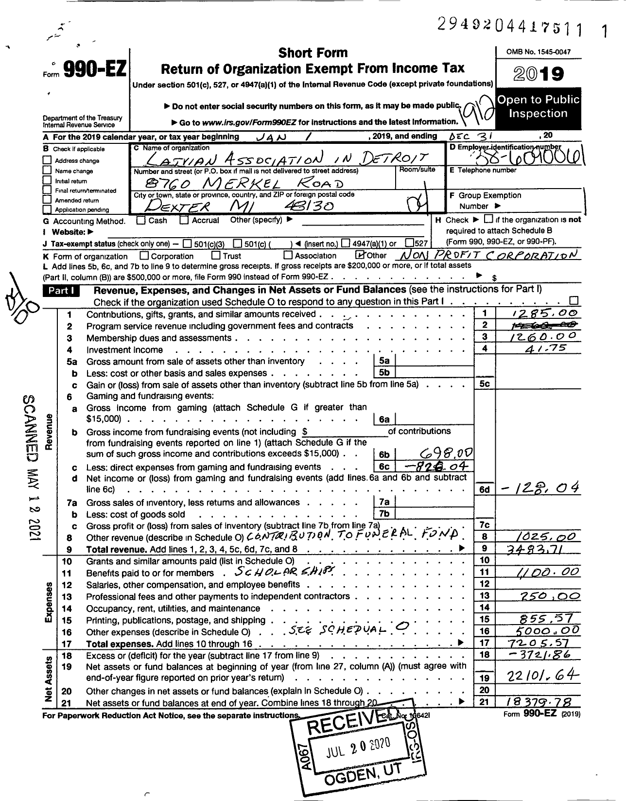 Image of first page of 2019 Form 990EO for Latvian Association in Detroit