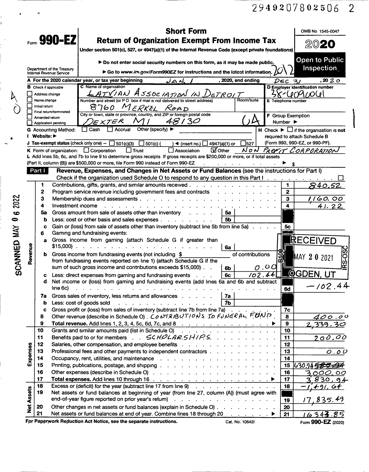 Image of first page of 2020 Form 990EO for Latvian Association in Detroit