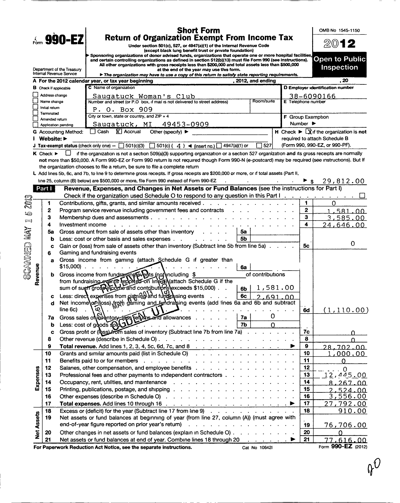 Image of first page of 2012 Form 990O for Saugatuck Womans Club