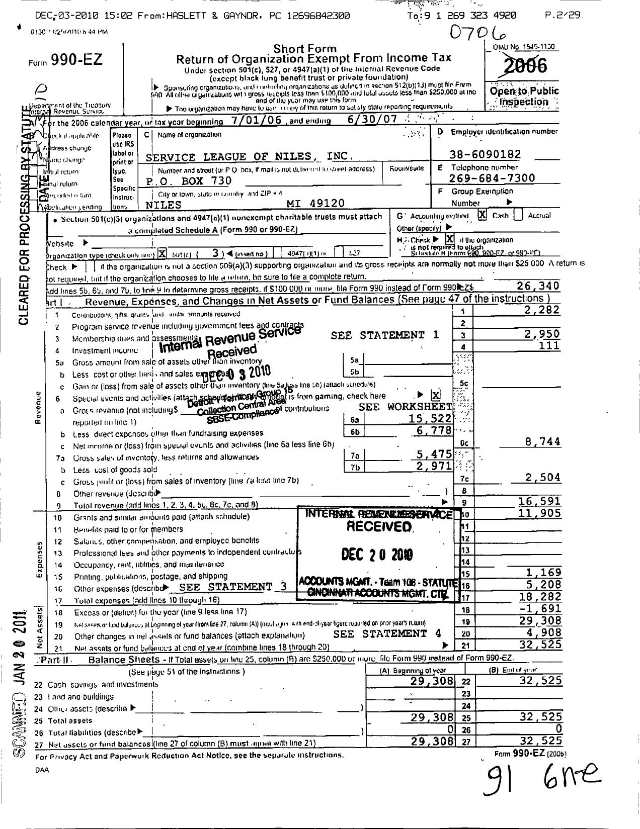 Image of first page of 2006 Form 990EZ for Service League of Niles