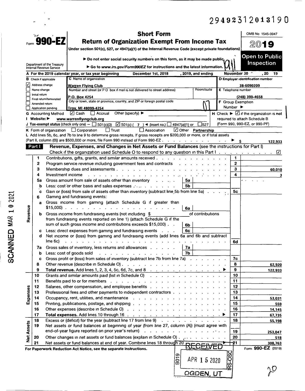 Image of first page of 2018 Form 990EO for Warren Flying Club