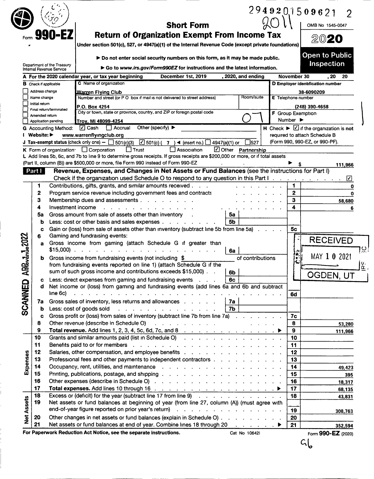 Image of first page of 2019 Form 990EO for Warren Flying Club