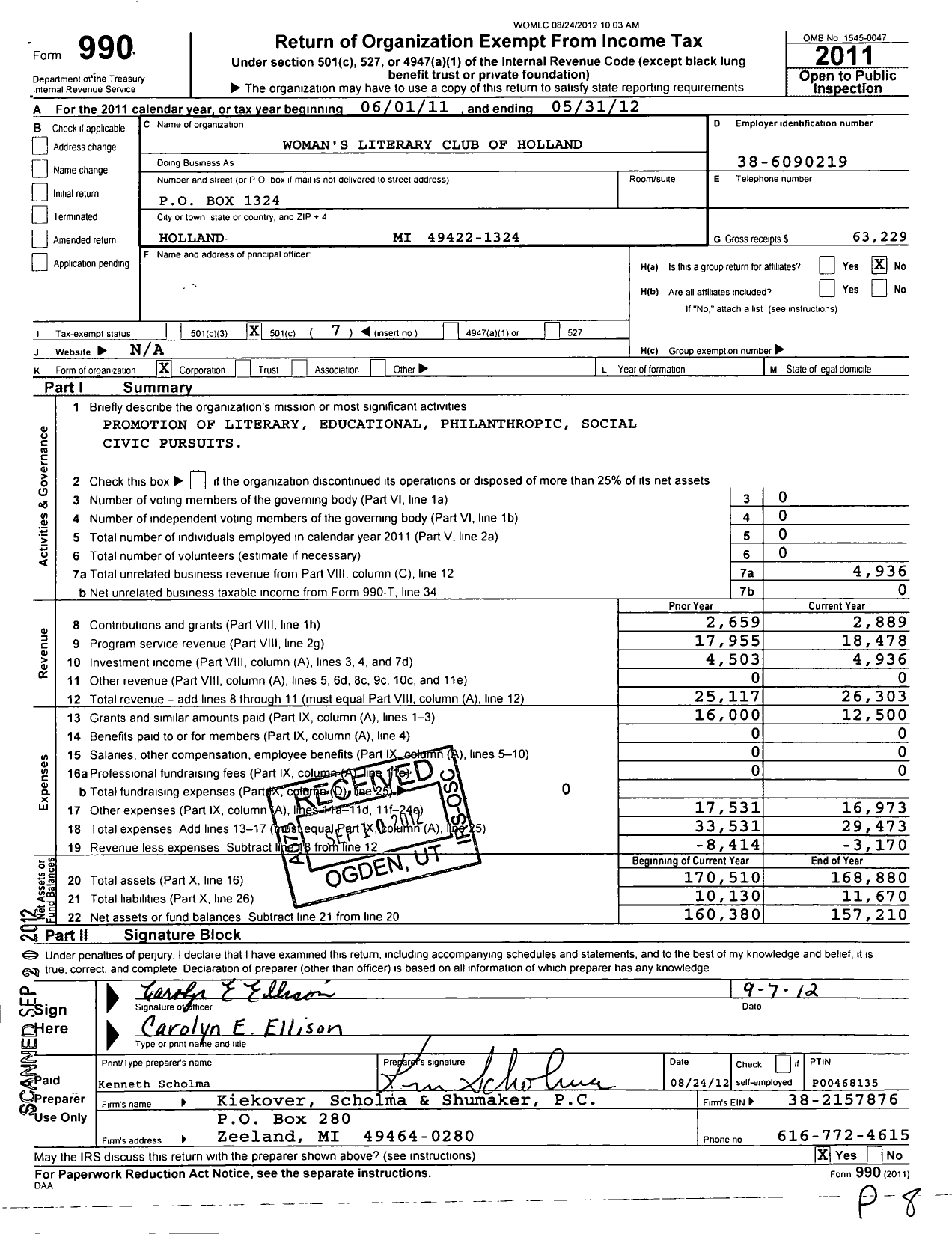 Image of first page of 2011 Form 990O for Womens Literary Club of Holland