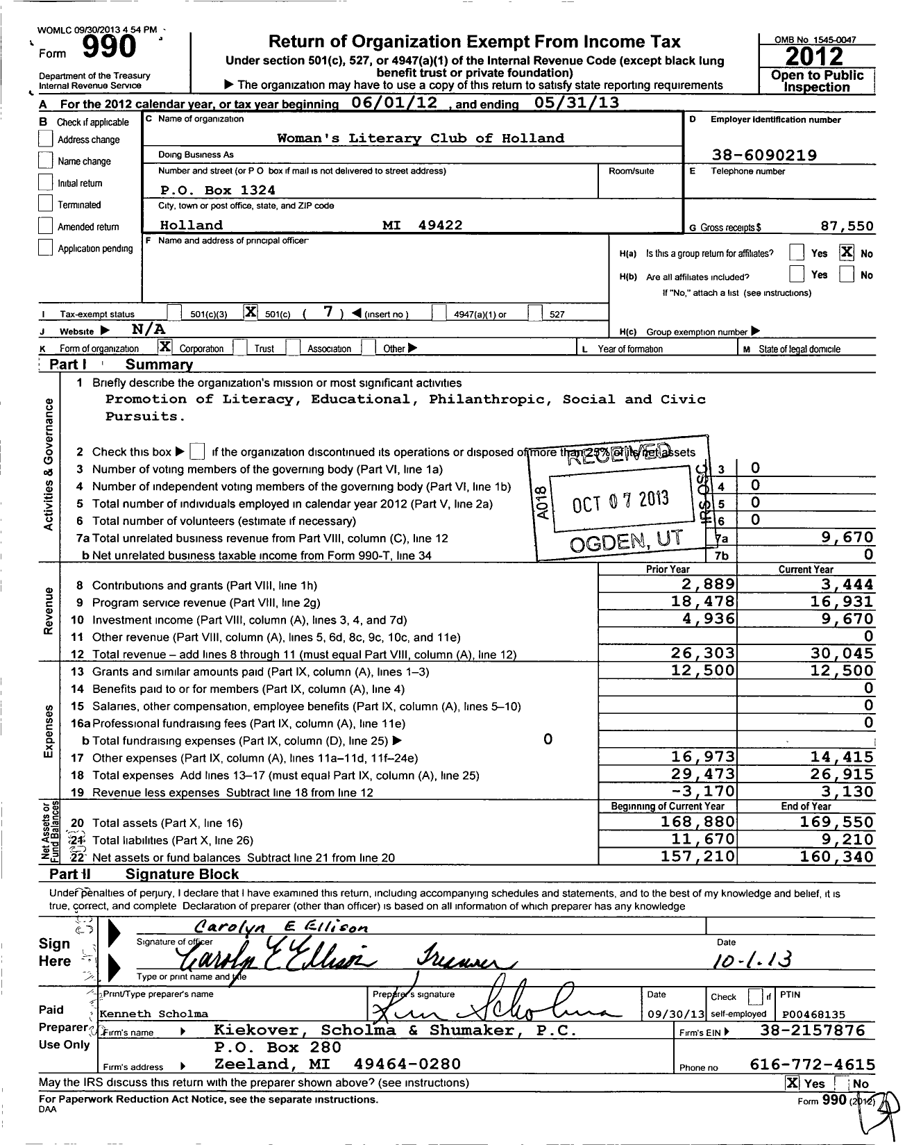 Image of first page of 2012 Form 990O for Womens Literary Club of Holland