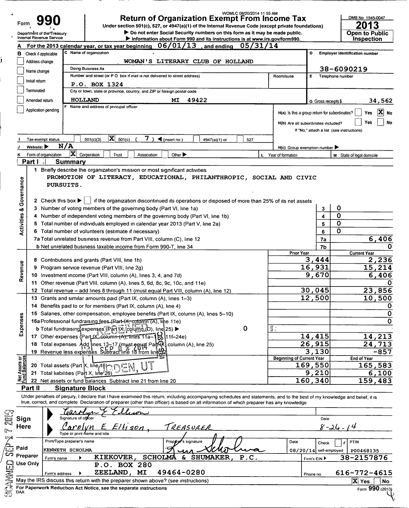 Image of first page of 2013 Form 990O for Womens Literary Club of Holland