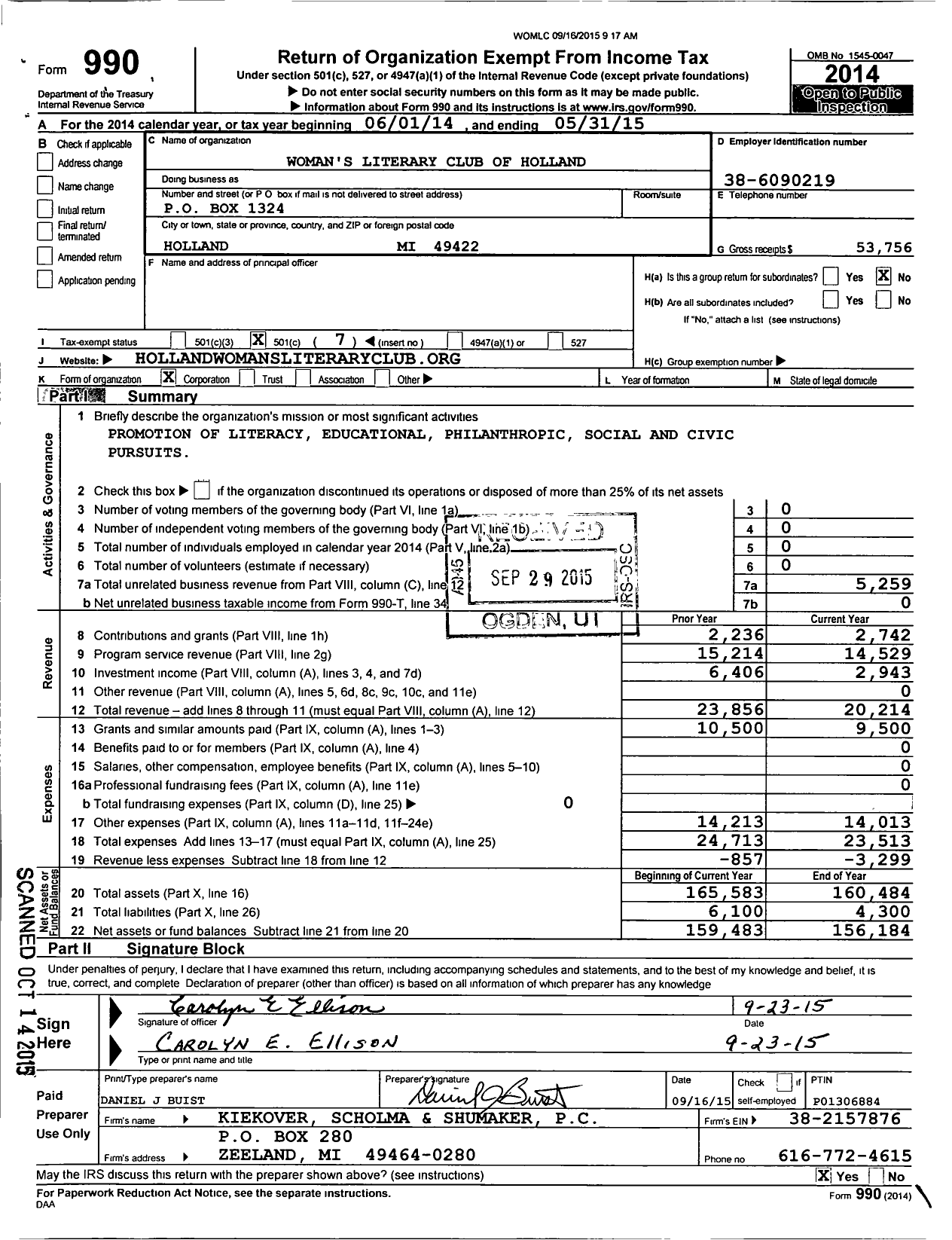 Image of first page of 2014 Form 990O for Womens Literary Club of Holland