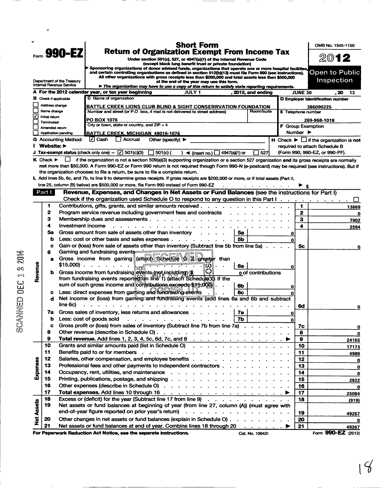 Image of first page of 2012 Form 990EZ for Battle Creek Lions Club Blind and Sight Conservation Foundation