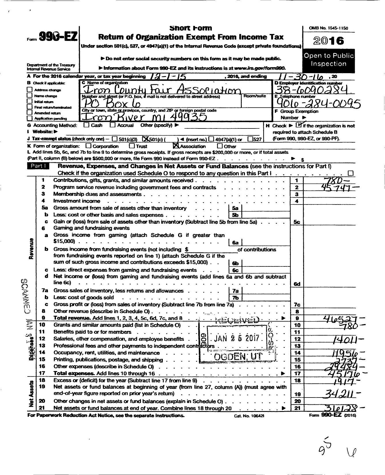 Image of first page of 2015 Form 990EO for Iron County Fair Association