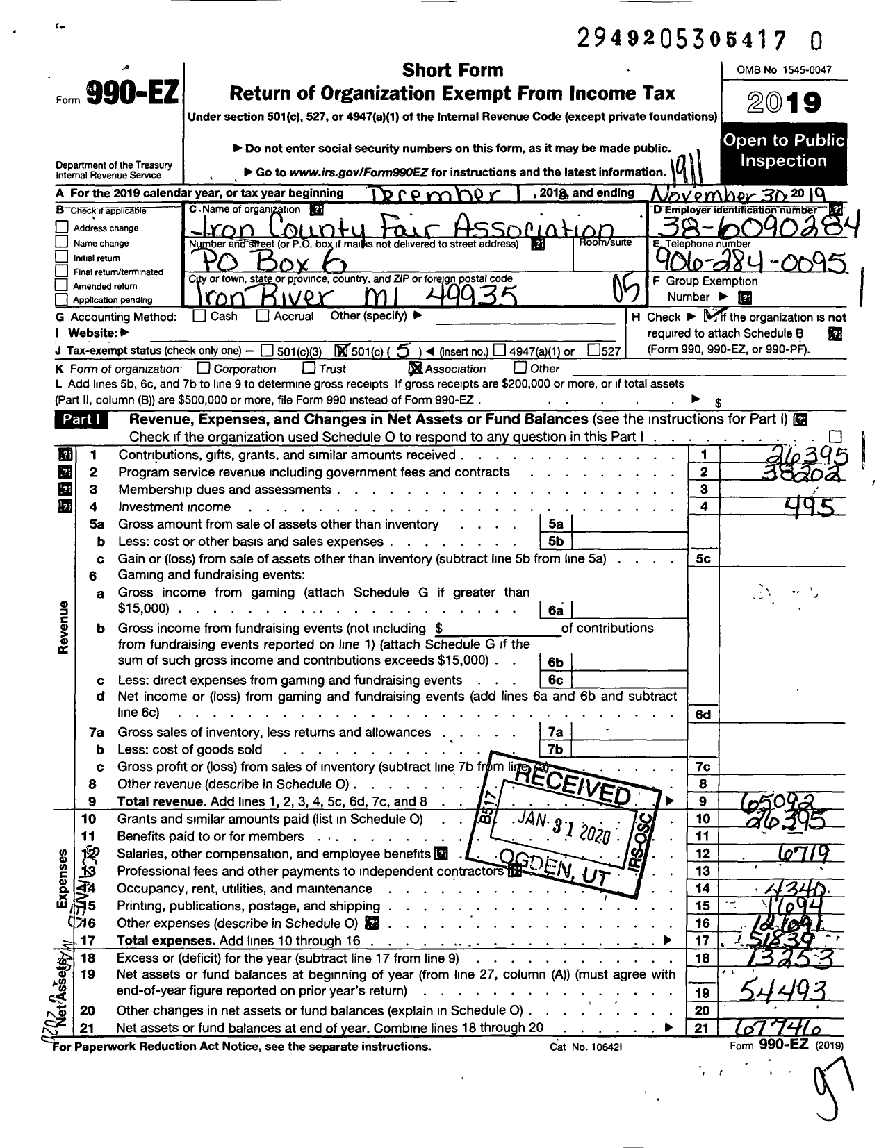 Image of first page of 2018 Form 990EO for Iron County Fair Association