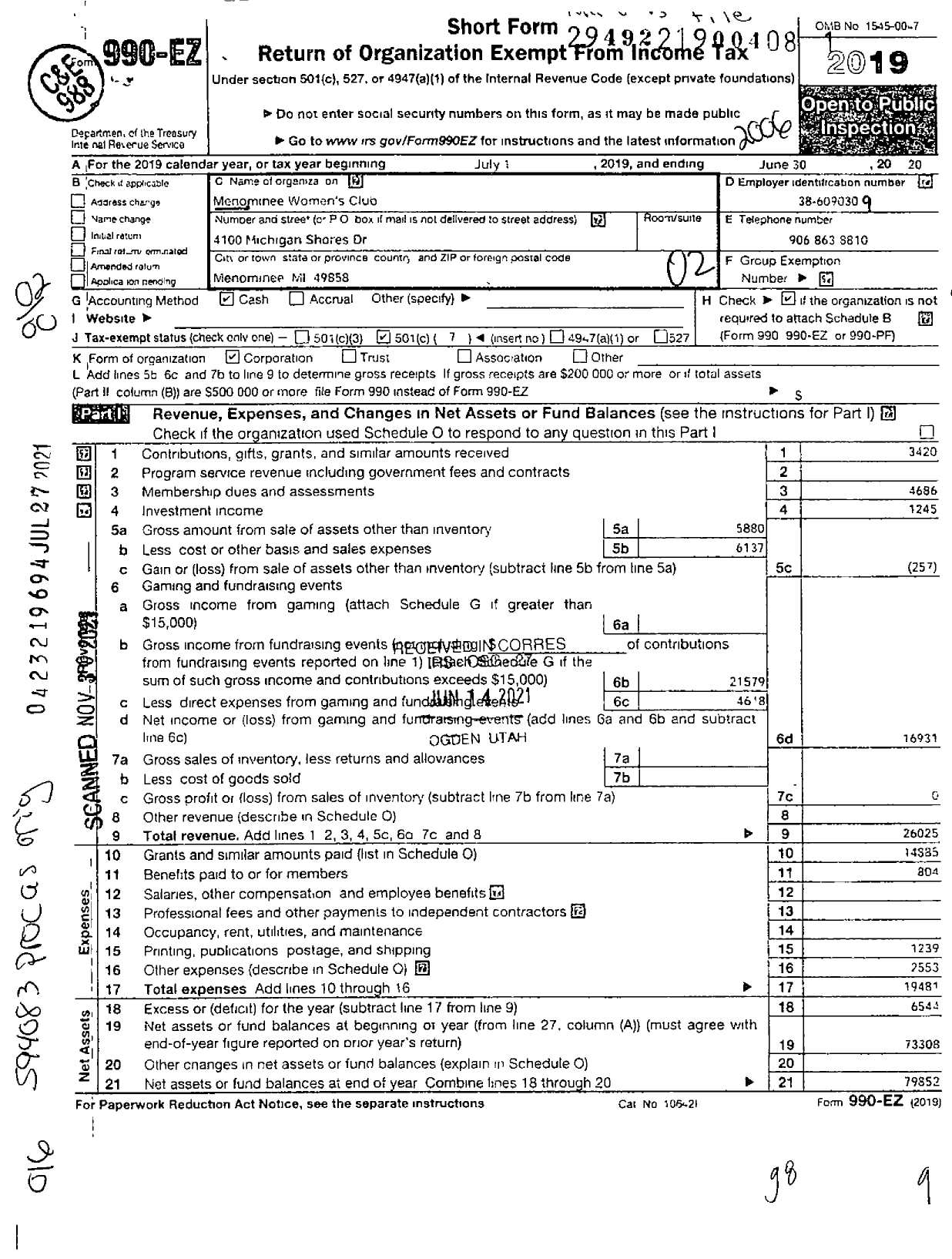 Image of first page of 2019 Form 990EO for Menominee Womens Club Association