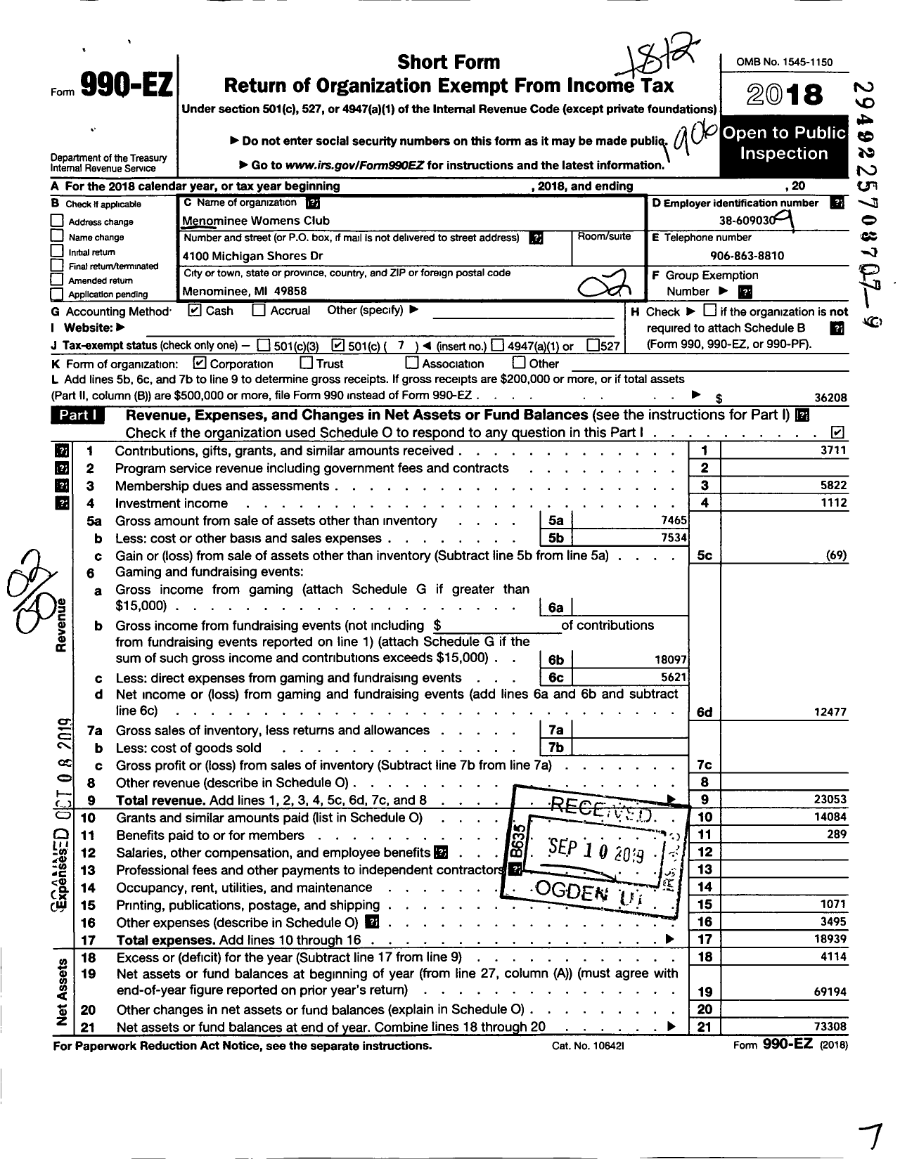 Image of first page of 2018 Form 990EO for Menominee Womens Club Association