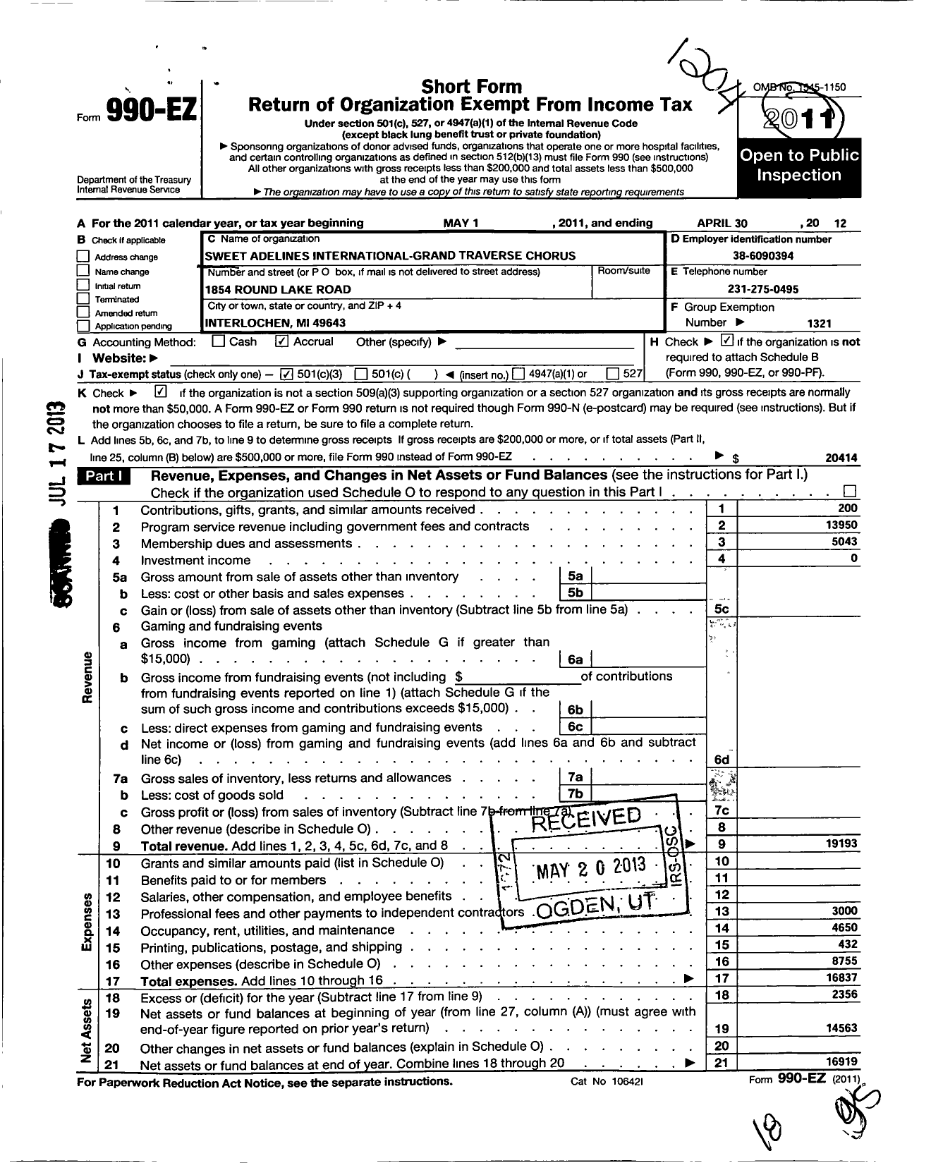 Image of first page of 2011 Form 990EZ for Sweet Adelines International - 110042 Grand Traverse Show